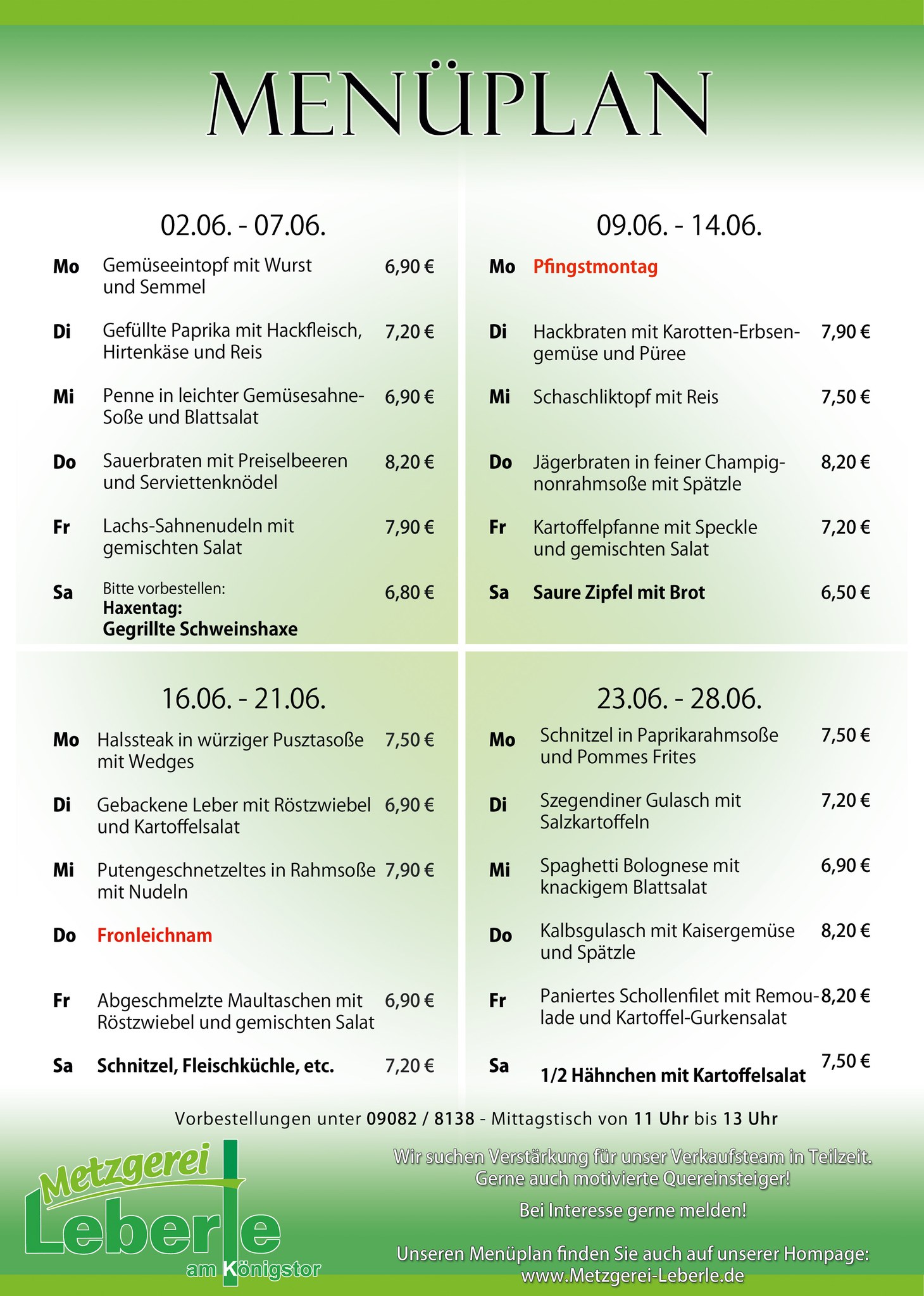 Menüplan der Metzgerei Leberle vom 02.06. bis 28.06.2025